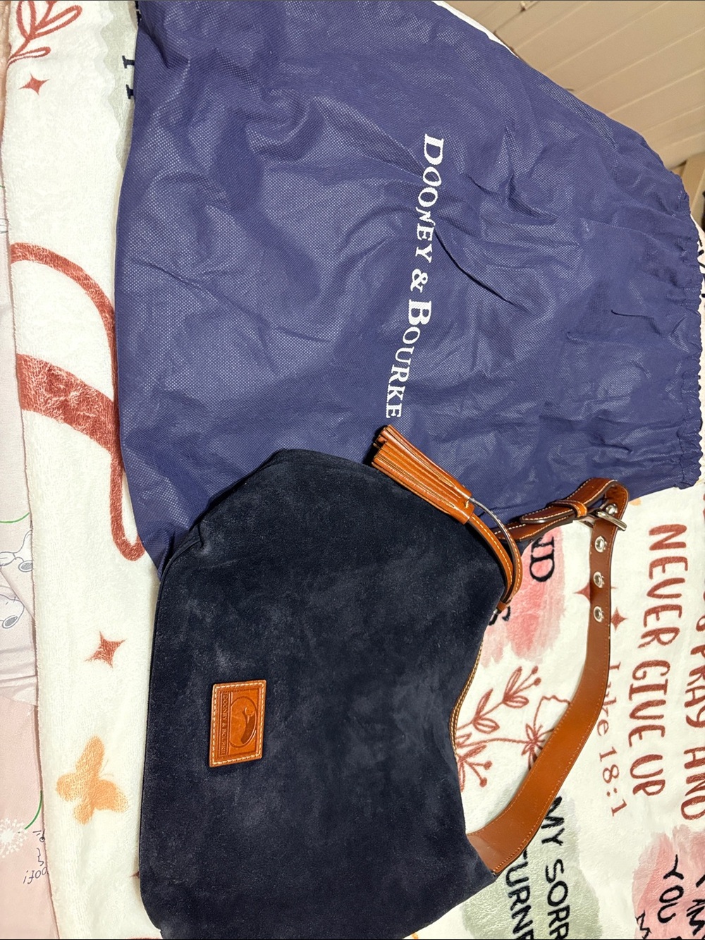 Dooney & Bourke Navy Suede shoulder Bag with Brown Leather Trim